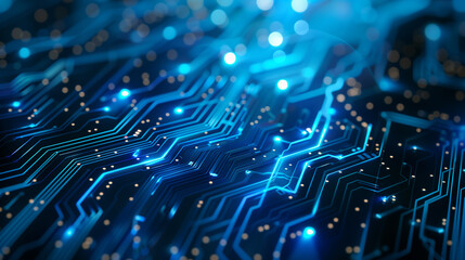 Abstract digital network circuit board background banner with glowing light and connecting data dots in blue and black colors. Big data technology concept