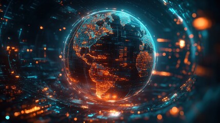 Futuristic Digital Globe with Glowing Lines and Data