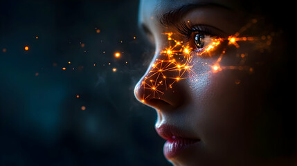 Close up of a woman's face with glowing particles around her eye.