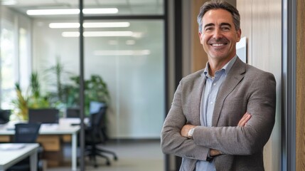 Obraz premium Successful business man smiling as he stands outside a meeting room in a professional workplace. Caucasian male executive looking away in reflection of his business accomplishments.