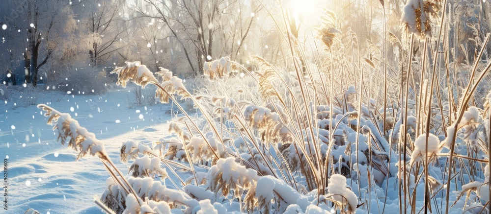 Poster Winter Landscape On A Sunny Day Stalks Of Grass Covered With Snow Glisten In The Sun