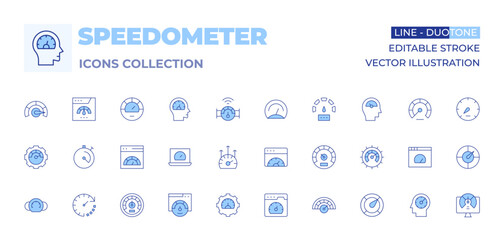 Speedometer icons collection. Line Duotone style, editable stroke. productivity, speedometer, management, internet, speedup, speed, meter, performance, power, browser, efficiency