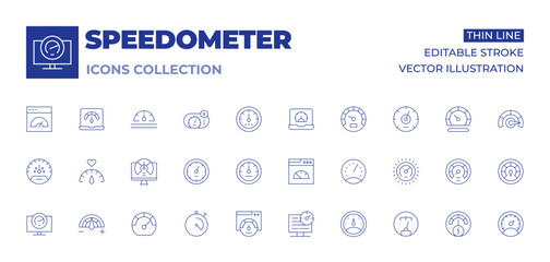 Speedometer icons collection. Thin Line icons, editable stroke. speedometer, overload, internet, fuel, dashboard, gauge, control, performance, speedtest, speed