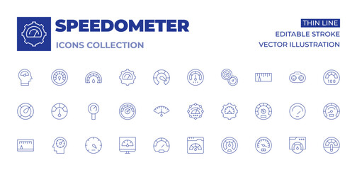 Speedometer icons collection. Thin Line icons, editable stroke. speedometer, quick thinker, speed, speedtest, power, performance, dashboard, web, speed limit, bandwidth