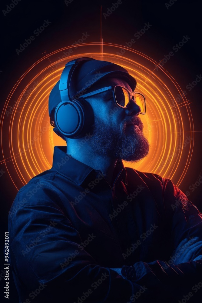 Poster innovative podcast layout embracing advanced technology for engaging narrative conversations in a fu