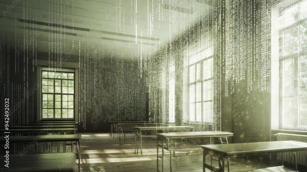 Wall mural Empty Classroom with Falling Binary Code and Sunlight