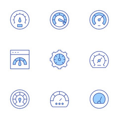 Speedometer icons set. Line Duotone style, editable stroke. speedometer, dashboard, speedtest, gauge