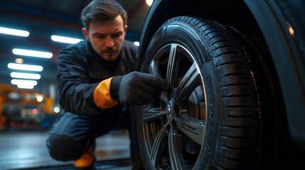 Mechanic Checking Tire.