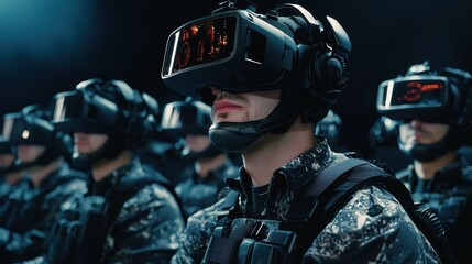 Obraz premium Virtual Reality Training Soldiers in VR Headsets