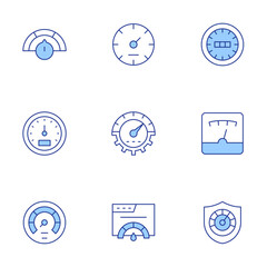 Speedometer icons set. Line Duotone style, editable stroke. speedometer, warning, difficulty, fuel