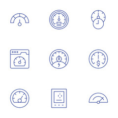 Speedometer icons set. Thin Line style, editable stroke. speedometer, benchmarking