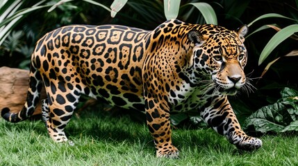 Obraz premium A Jaguar Walking Through Lush Green Foliage