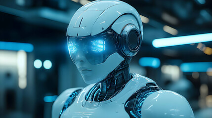 Fototapeta premium Close up portrait of a futuristic humanoid robot with glowing blue eyes and mechanical details.