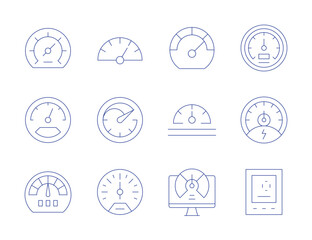 Speedometer icons. Thin Line style, editable stroke. speedometer, milometer