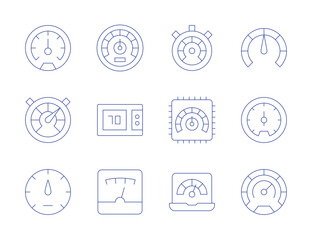 Speedometer icons. Thin Line style, editable stroke. speedometer, performance, processing, laptop, productivity