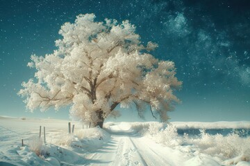 A serene winter landscape covered in white snow, with frost-kissed trees standing tall under a clear blue sky, creating a peaceful, frozen scene.