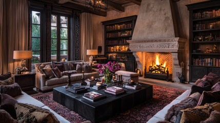 Cozy Living Room with Fireplace  Bookshelves  and Plush Furnishings