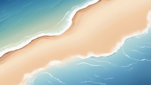 Praia vista do alto, mar azul claro sobre a areia, ilustra&ccedil;&atilde;o estilizada gerada com IA