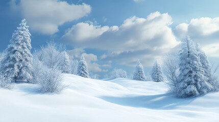 Fototapeta premium Snowy Winter Landscape with Pine Trees and Blue Sky