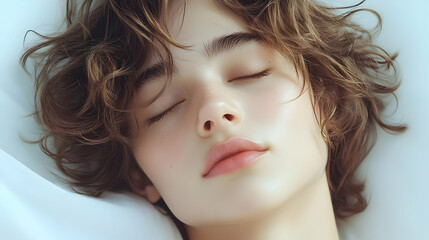 Close up portrait of a young woman with closed eyes and short, curly hair.