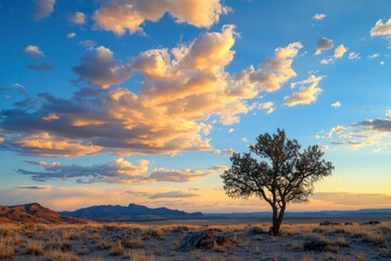 single tree, beautiful blue sky at desert with cloudy shapes, moor and rocks at sunset , ai