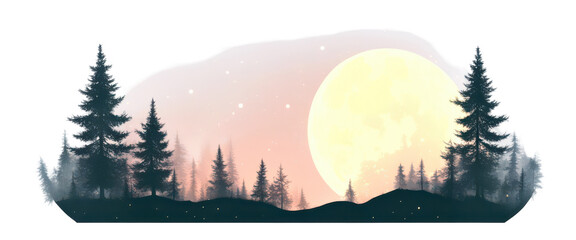 Enchanting forest silhouette under a full moon, cutout, png