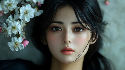 Naklejka premium Close up portrait of a young woman with long black hair and flowers.