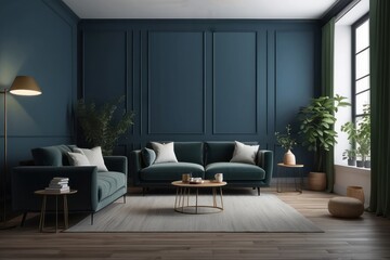 Modern Living Room with Green Velvet Sofa and  Dark Blue Walls