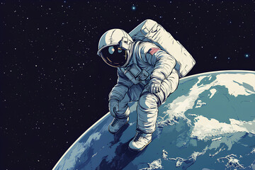 astronaut climbing the earth in full view , vector