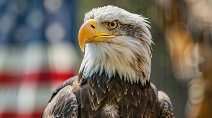 Obraz premium Bald Eagle Portrait with Blurred American Flag Background