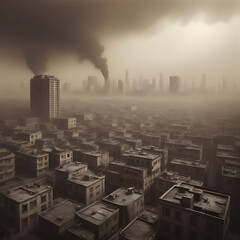 Polluted city, thick smog covers buildings and houses