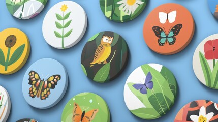 Colorful round badges with nature illustrations.