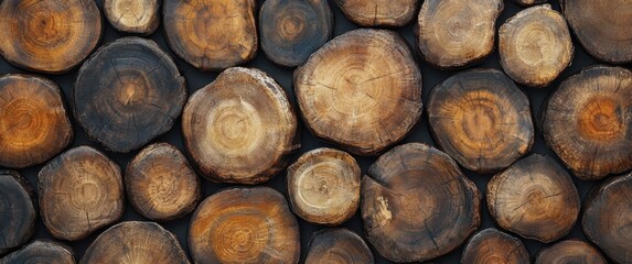Natural Teak Wood Tree Stump Texture, Featuring a Pile of Round Log Cross-Sections
