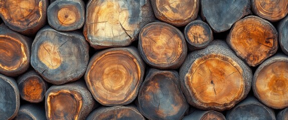 Natural Teak Wood Tree Stump Texture, Featuring a Pile of Round Log Cross-Sections