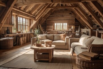 Cozy Cabin Living Room with Exposed Wooden Beams