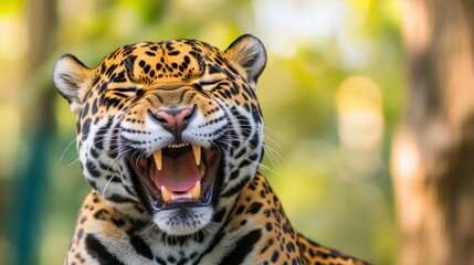 Closeup of a Jaguar s Open Mouth with Sharp Teeth