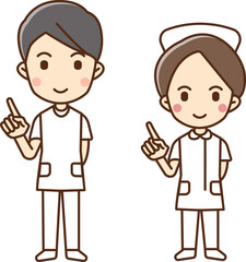 Illustration of male and female healthcare professionals holding up their index fingers.