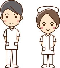 Illustration of a male and female healthcare worker standing with their hands clasped behind their backs.