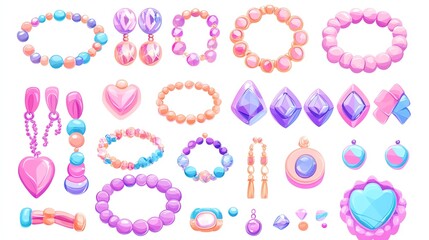 Fototapeta premium Cute accessories set clipart, playful bracelets, beads and charms, isolated on white background