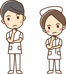 An illustration of a male and female medical worker who puts his hand on his chin and thinks.