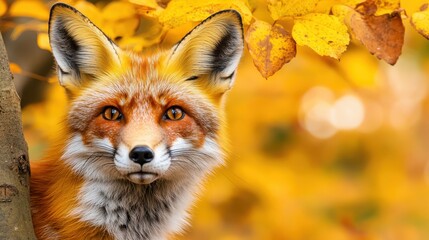 Red Fox Portrait in Autumn Foliage  Close up of Face  Wildlife  Nature