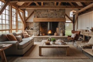 Cozy Living Room with Stone Fireplace and Rustic Decor