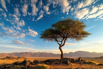 Fototapeta premium single tree, beautiful blue sky at desert with cloudy shapes, moor and rocks at sunset , ai