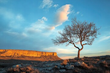 single tree, beautiful blue sky at desert with cloudy shapes, moor and rocks at sunset , ai