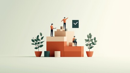 A modern illustration of teamwork and success, featuring people collaborating on tasks and achieving goals in an abstract setting.