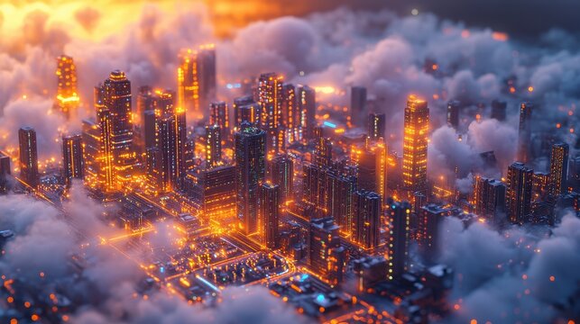 Futuristic Cityscape Above Clouds with Glowing Lights