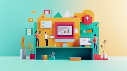 A vibrant workspace with people analyzing data on colorful charts and graphs, showcasing collaboration and productivity.