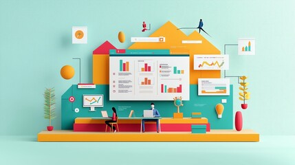 A vibrant workspace illustration showing data analysis, charts, and teamwork in a modern environment with colorful design elements.