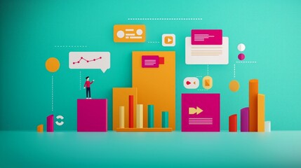 Colorful digital analytics composition with graphs, icons, and a person analyzing data on a vibrant turquoise background.
