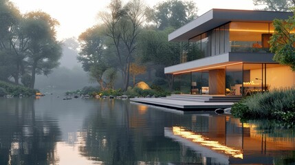 Modern House with Glass Walls Reflecting in a Still Pond